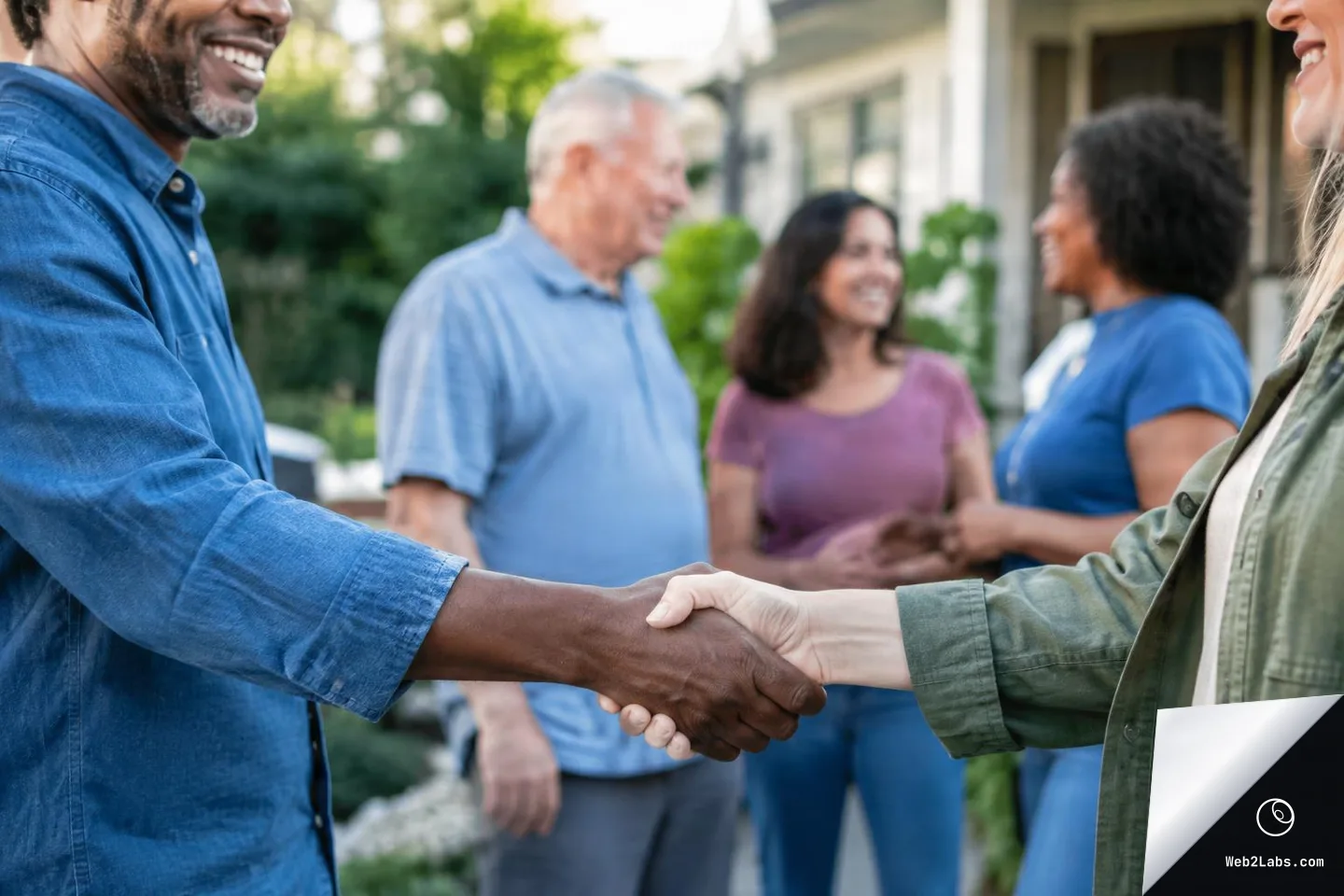 Close-up of two people shaking hands outdoors in front of a house, with other neighbors smiling and talking in the blurred background.