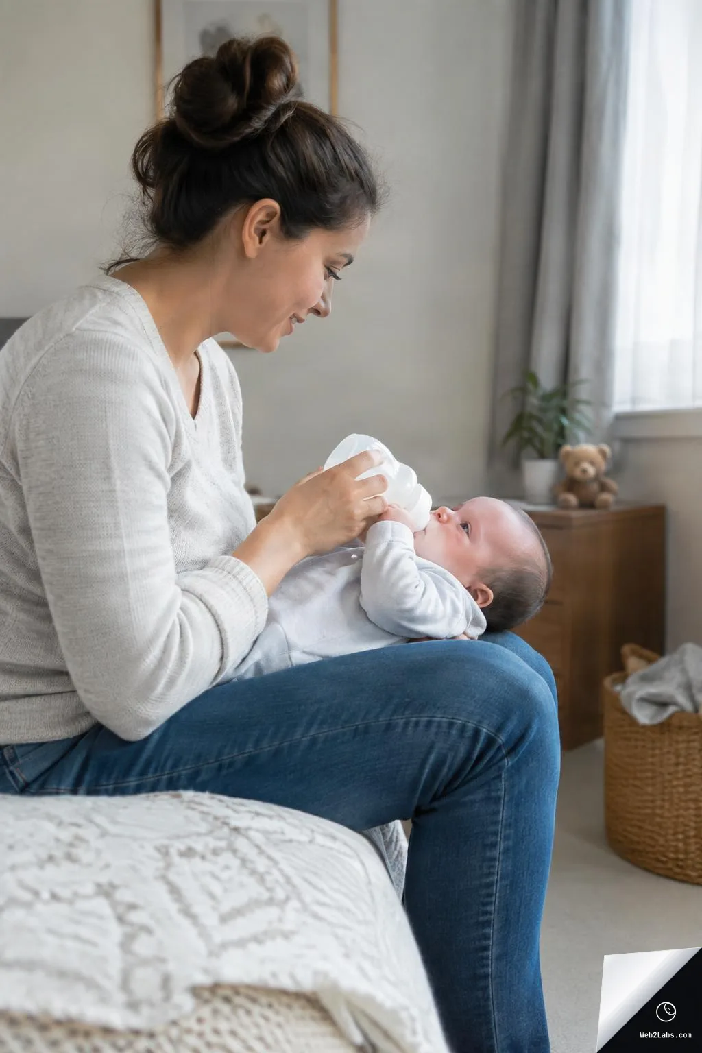 Side view of a mother sitting on a bed and bottle-feeding her baby in a softly lit bedroom near a window.