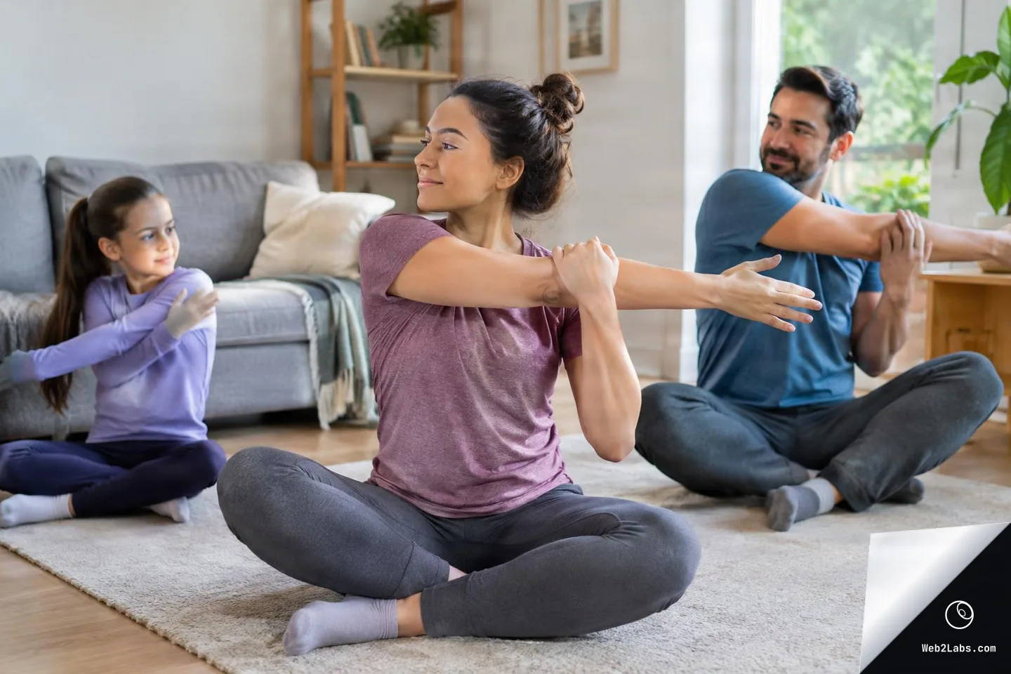 Woman sitting cross-legged on a rug stretches her arm across her chest while a man and a young girl behind her mirror the same gentle shoulder stretch in a bright living room.