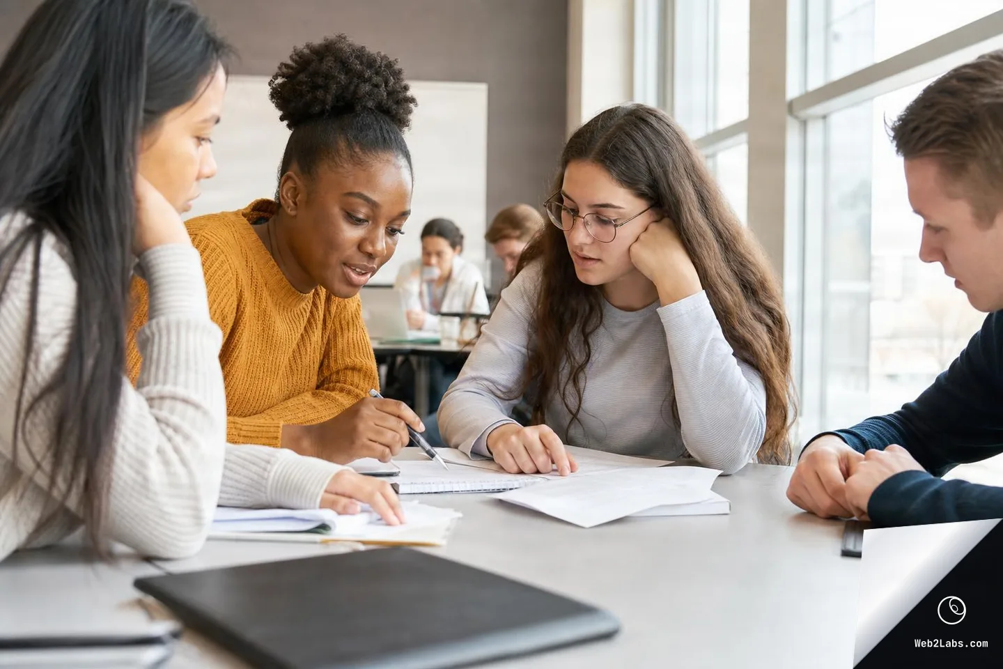 Four students sit around a table in a classroom, reviewing printed papers and taking notes together near large windows, with other students blurred in the background.