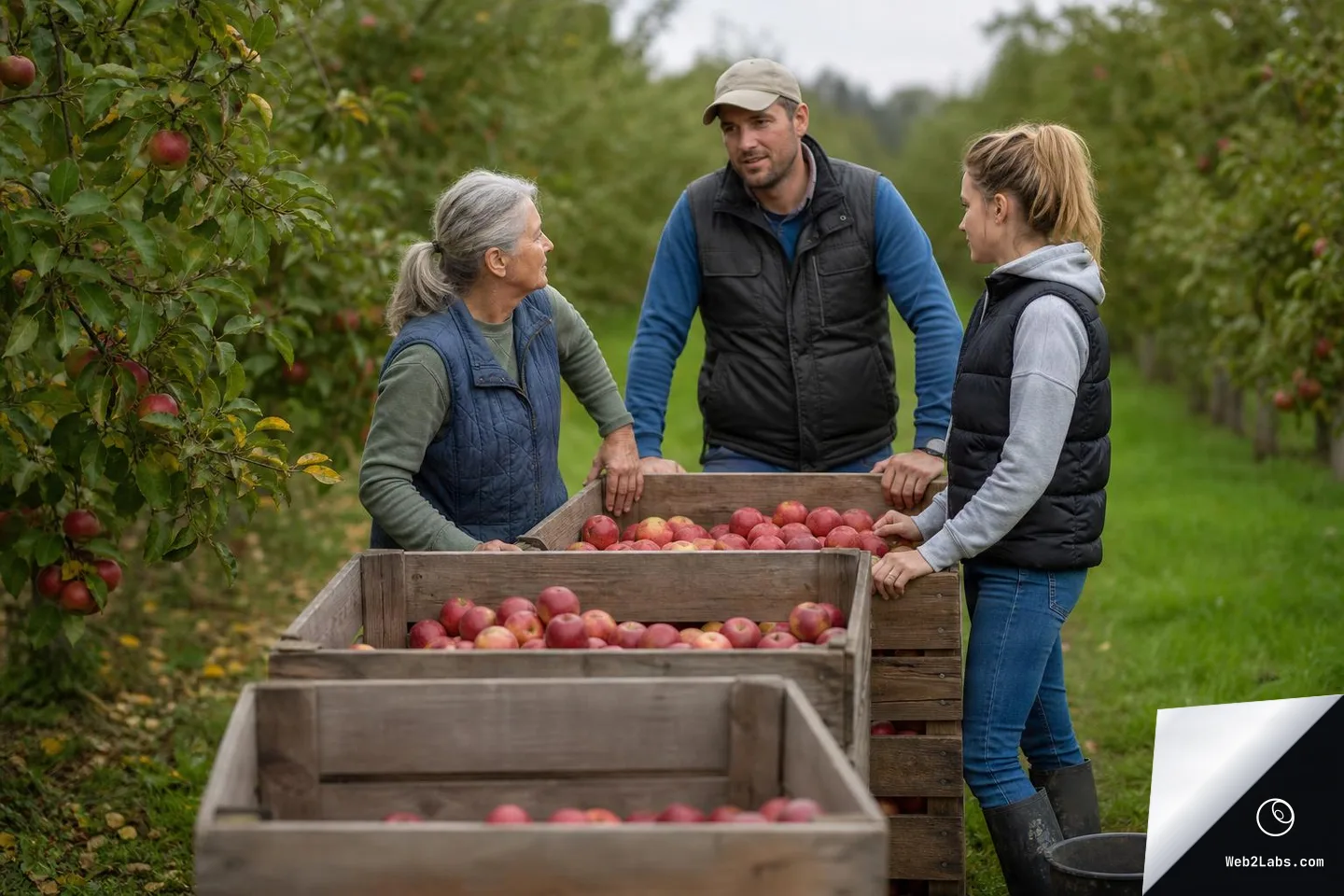 Three people standing in an apple orchard next to large wooden bins filled with red apples, talking and checking the harvest with rows of trees in the background.
