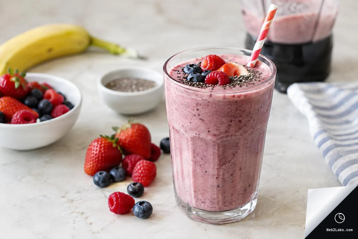 Pink berry smoothie in a clear glass with a red-and-white paper straw, topped with strawberries, raspberries, blueberries, and chia seeds, on a light countertop with berries, banana, and a blender in the background.