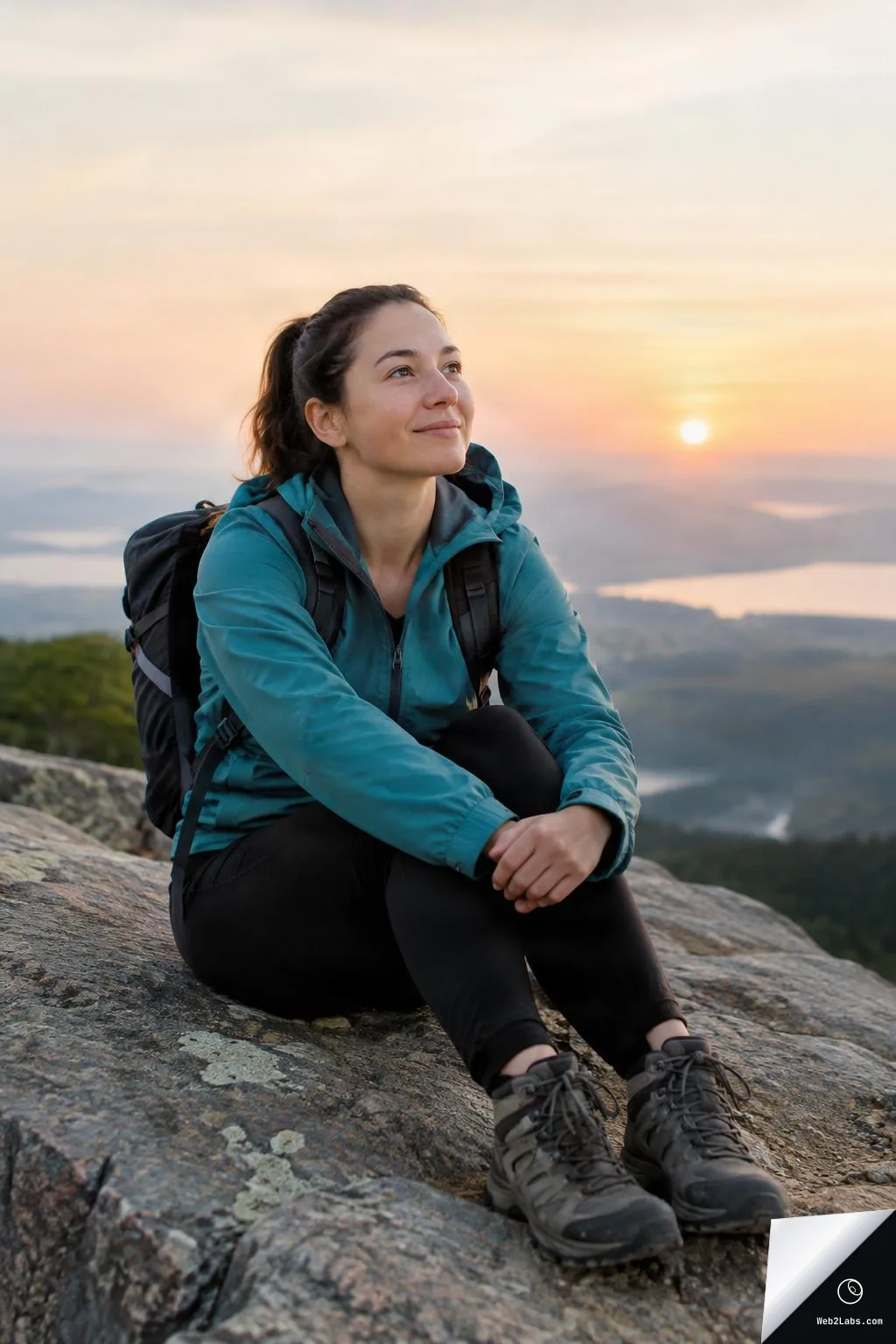 Woman hiker in a teal jacket sits on a rock with a backpack, looking toward a sunrise over distant mountains and water.