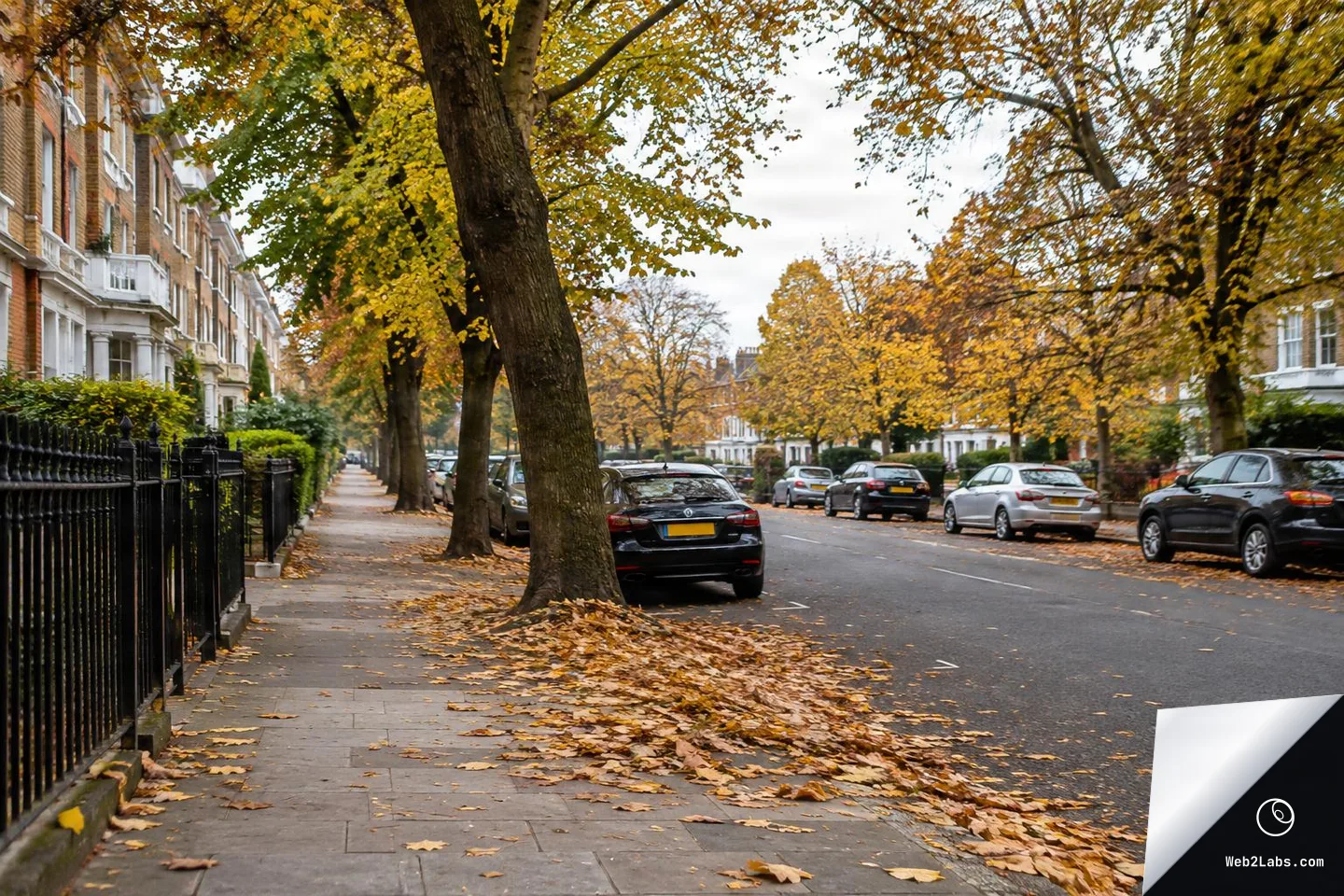 A quiet residential street lined with tall trees in autumn foliage, parked cars along the curb, and fallen leaves scattered on the sidewalk and roadway under an overcast sky.