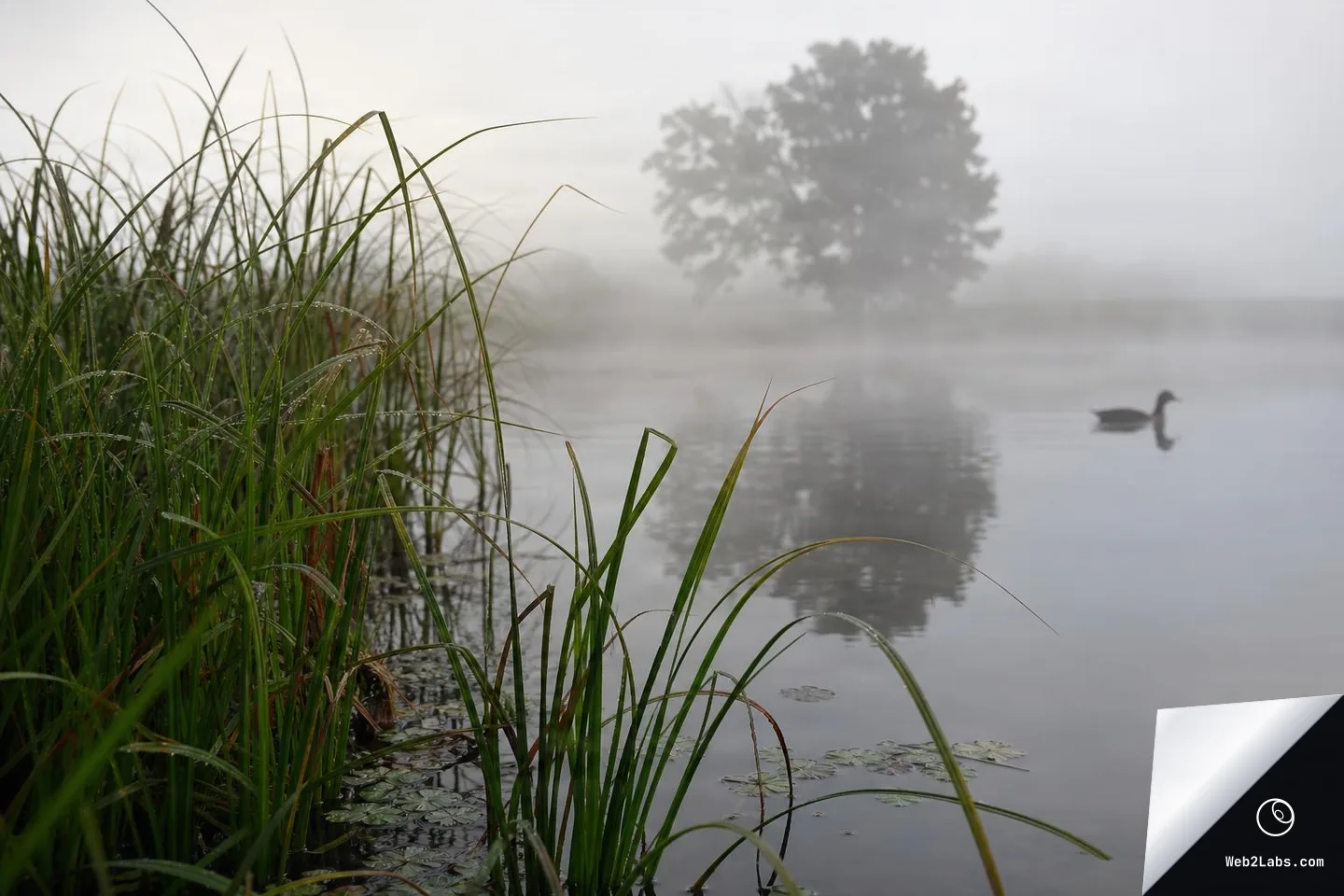 Close view of tall green reeds with dew along the edge of a still lake on a foggy morning, with a distant tree silhouette reflected in the water and a goose swimming on the right.