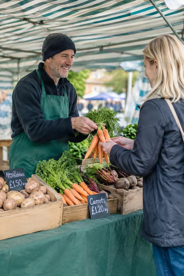 Farmer Handing Carrots to Customer