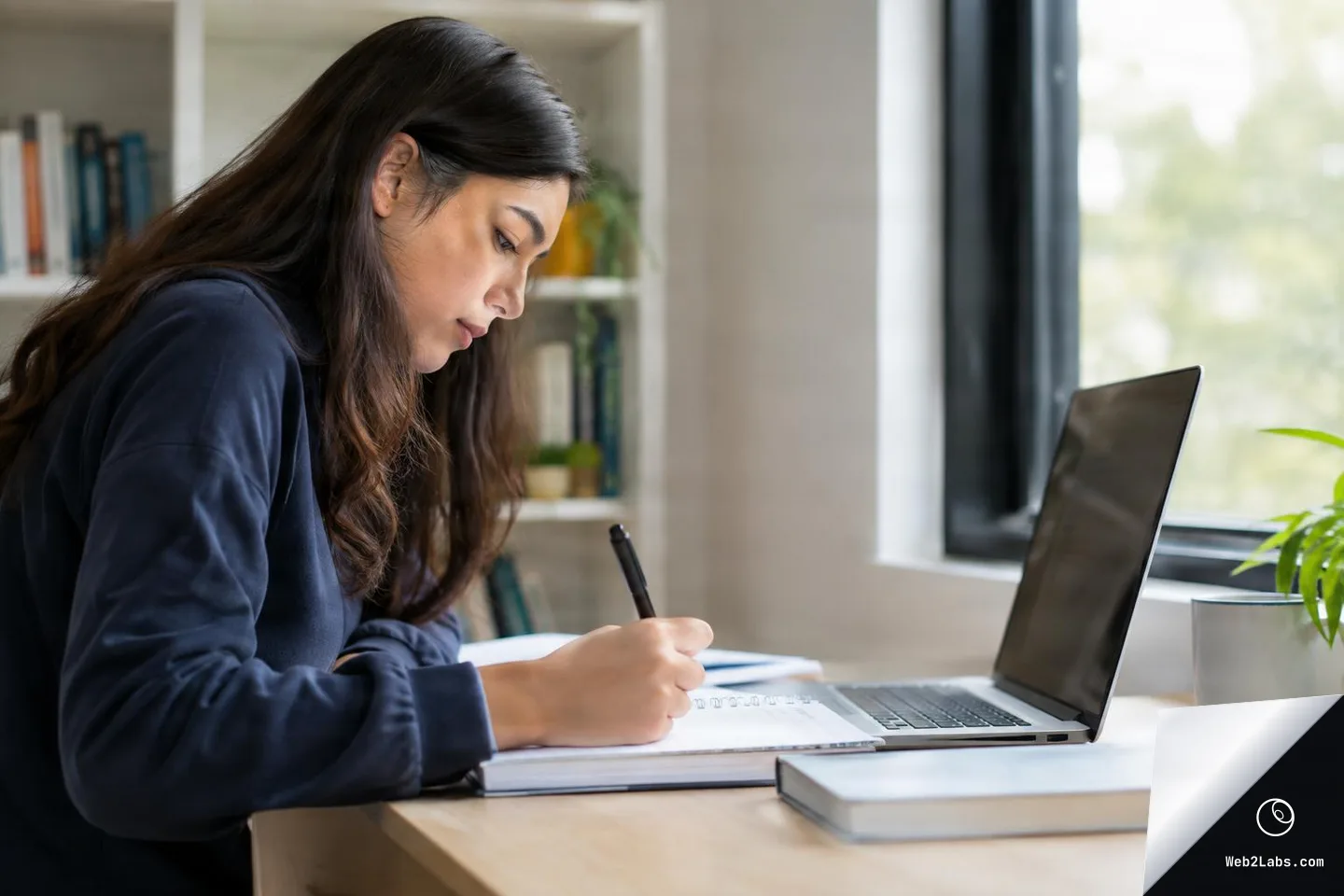 Side view of a young woman writing in a notebook at a desk next to an open laptop, with a window and bookshelf in the background.