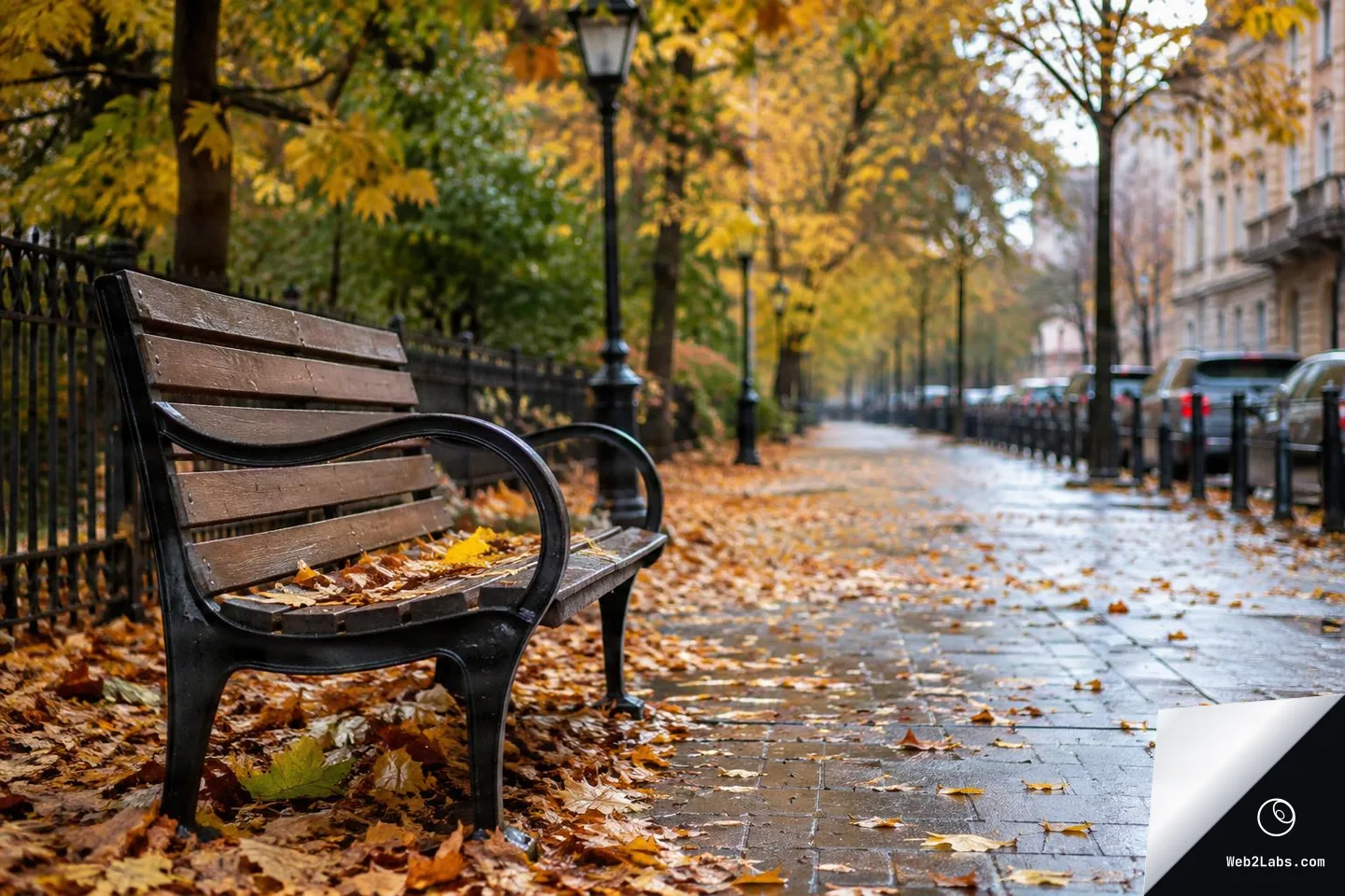 Wooden park bench beside a wet sidewalk covered with fallen autumn leaves, with yellow trees and lampposts stretching into the distance and parked cars along the street.