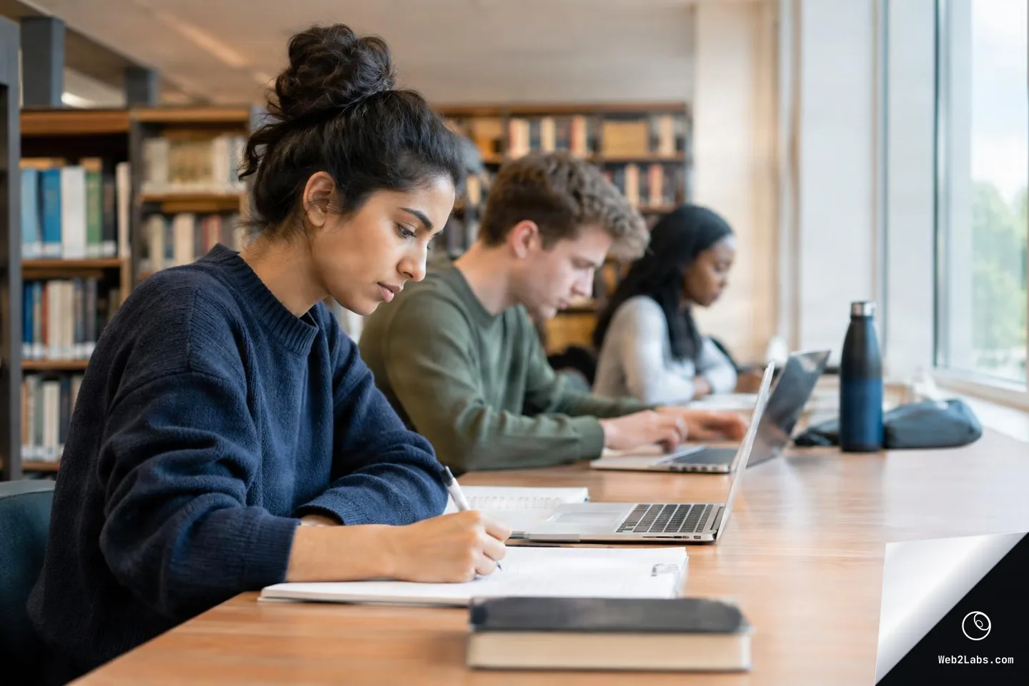 Side view of three students studying at a long table in a library, with the foreground student writing in a notebook beside an open laptop and bookshelves in the background.