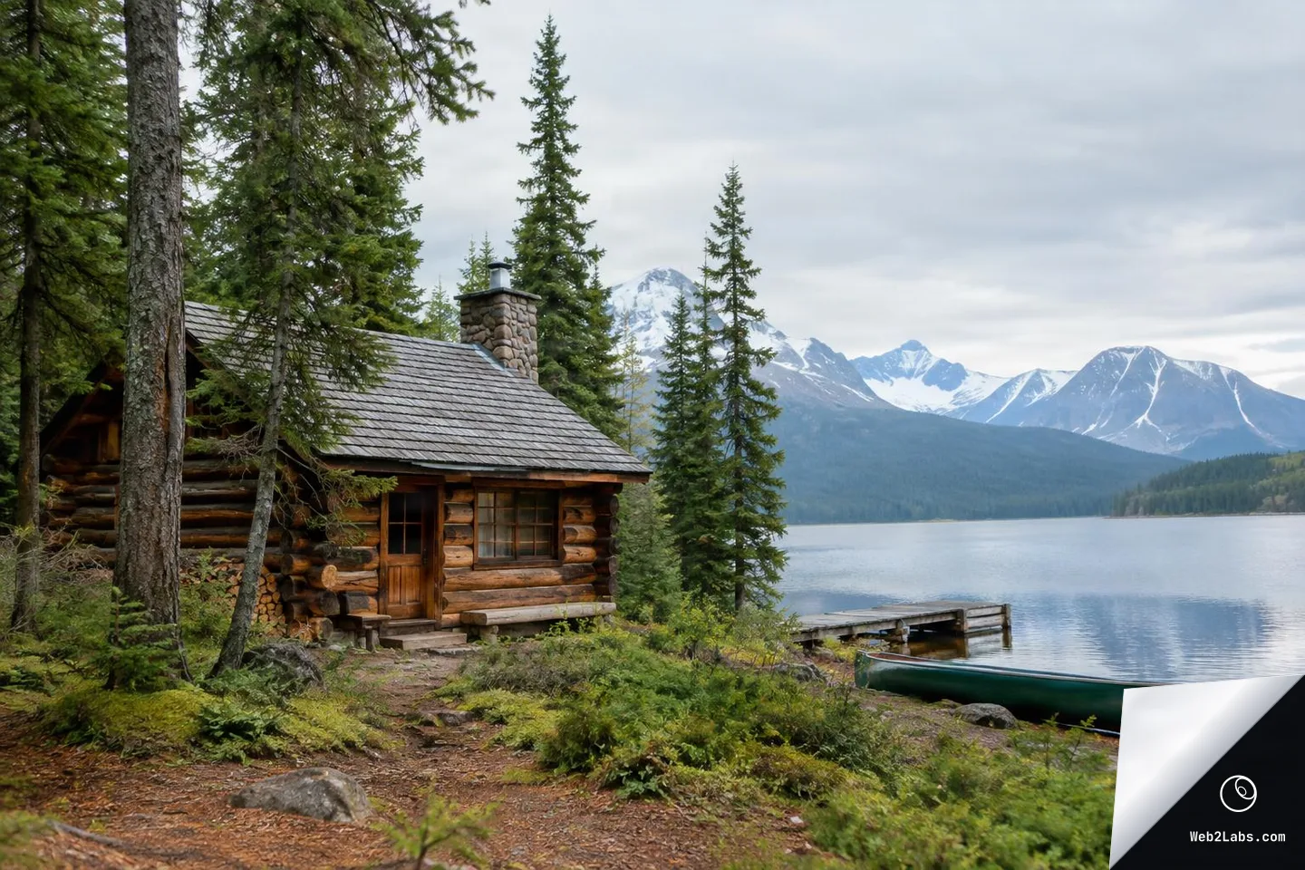 Rustic log cabin beside a calm mountain lake with evergreen trees, a small wooden dock, a green canoe on the shore, and snow-capped mountains under an overcast sky.