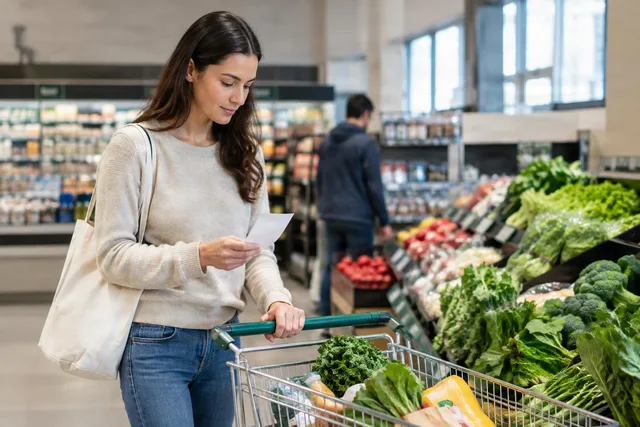 Checking Grocery Receipt in Produce Aisle