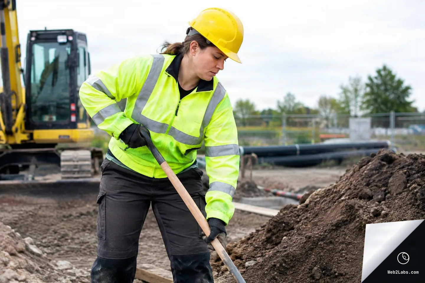 Adult construction worker wearing a yellow hard hat and neon reflective jacket shovels a pile of soil at a building site, with an excavator blurred in the background.