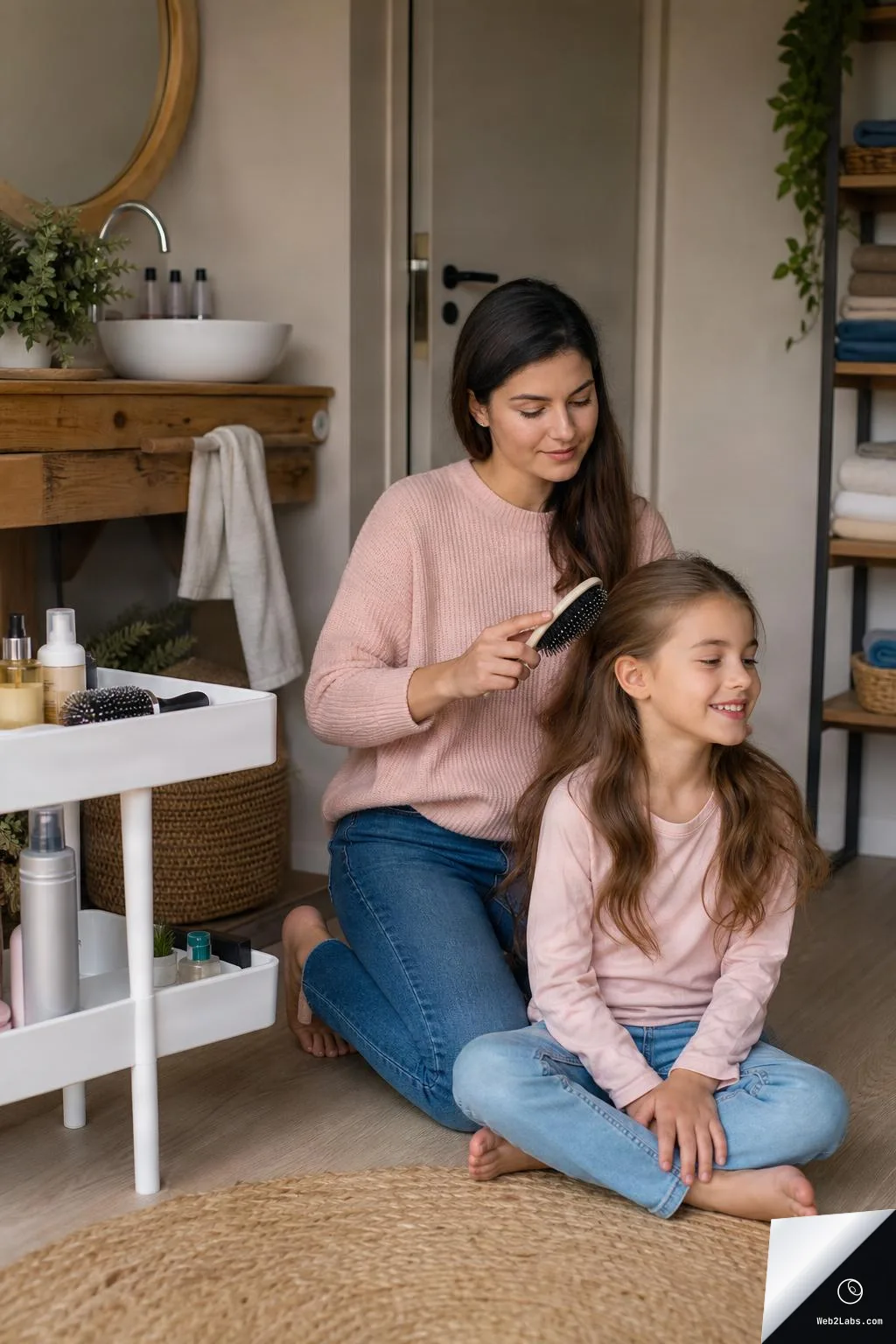 Woman in a pink sweater kneels behind a smiling girl sitting on a bathroom floor, brushing the girl's long hair next to a white rolling cart with hair products and brushes.