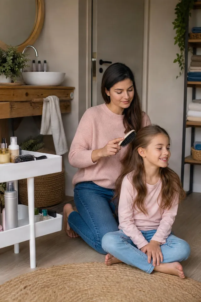 Mother Brushing Daughter's Hair