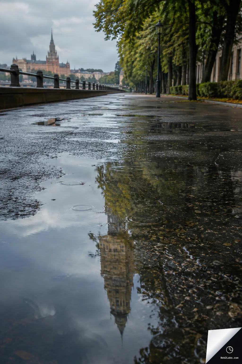Low-angle vertical photo of a wet riverside walkway after rain, with puddles reflecting a tall historic building and nearby trees, ripples visible on the water.