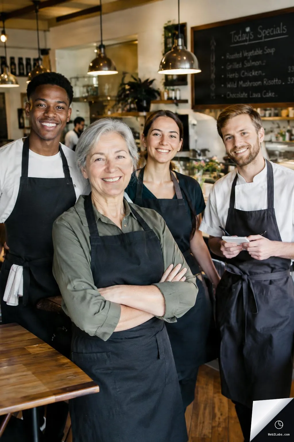 Four restaurant staff members wearing dark aprons pose and smile inside a café, with pendant lights and a chalkboard specials menu in the background.