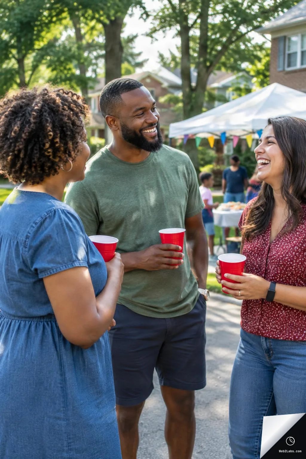 Three adults smiling and chatting while holding red plastic cups at an outdoor neighborhood gathering, with a tent and people near a table in the background.