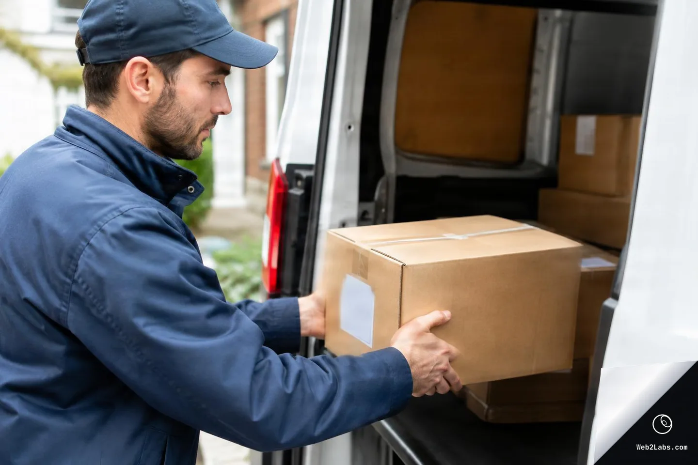Delivery worker in a blue uniform lifting a cardboard box from the open back of a white van with more parcels stacked inside.