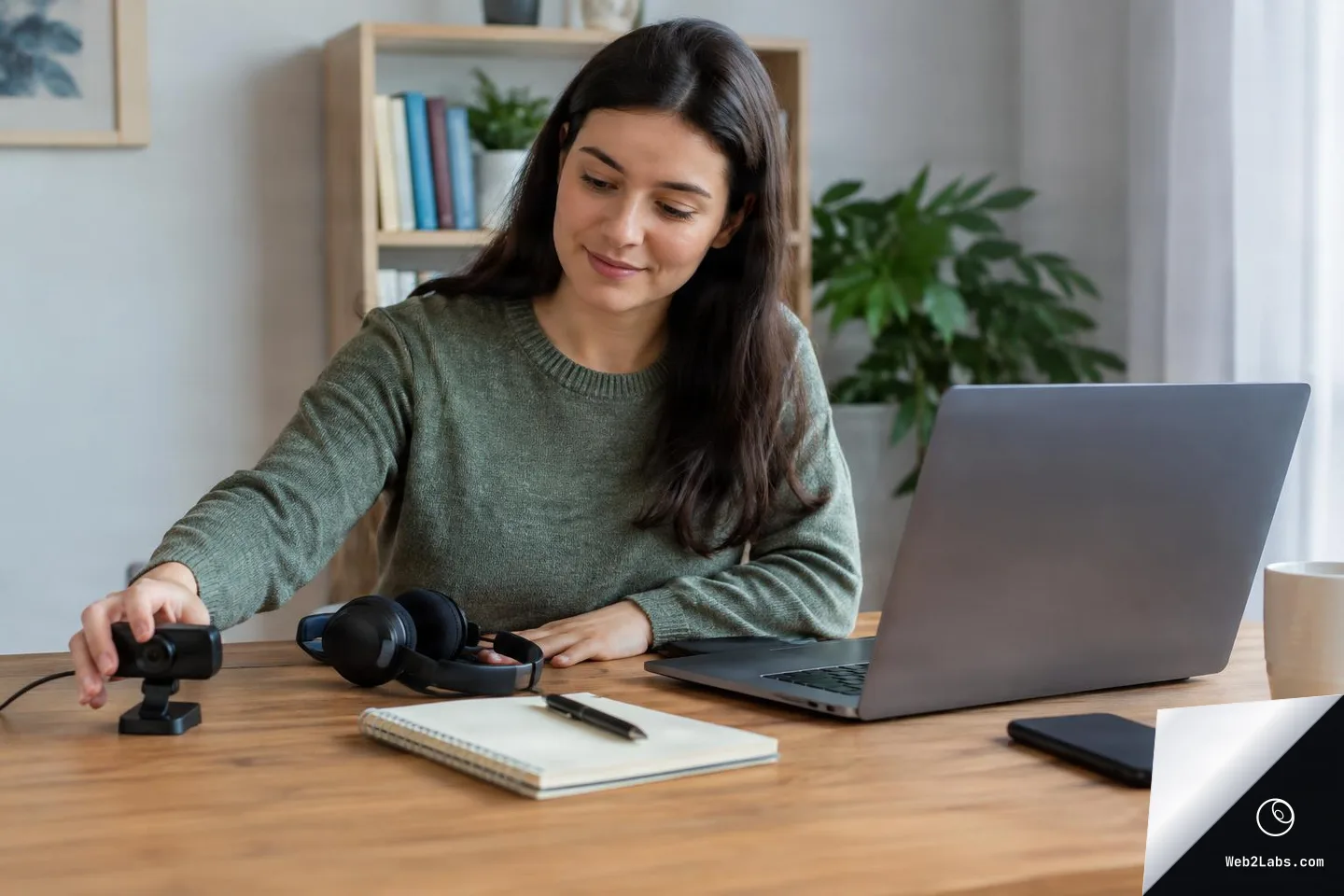 Woman at a wooden desk adjusts a small webcam beside a laptop, with headphones, a notebook and pen, a smartphone, and a mug on the table in a bright home office.