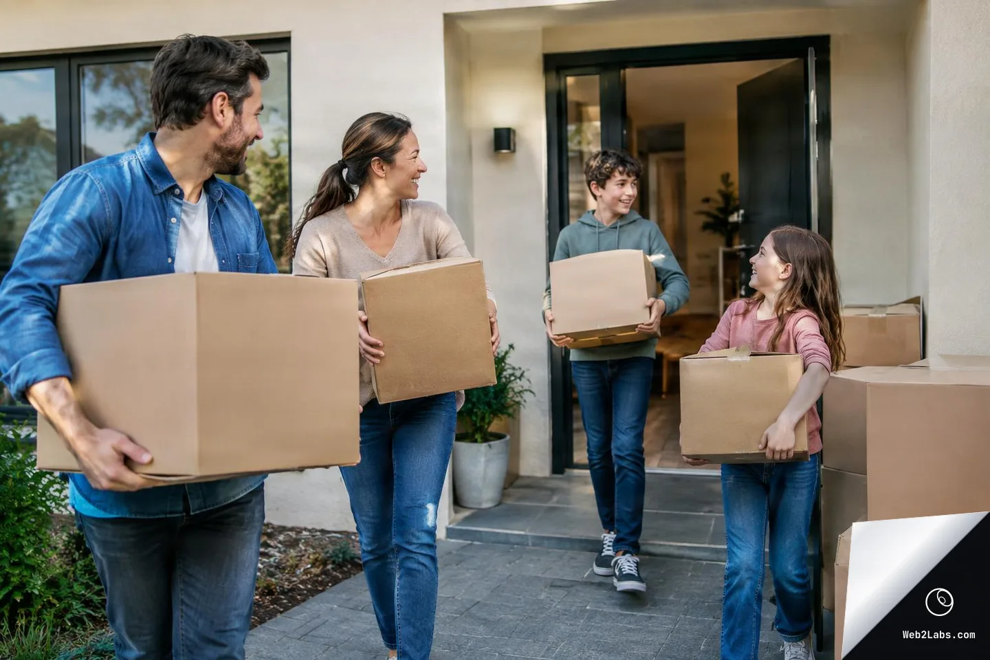 Smiling family carrying cardboard moving boxes toward the front door of a modern house, with stacked boxes on the right side of the frame.