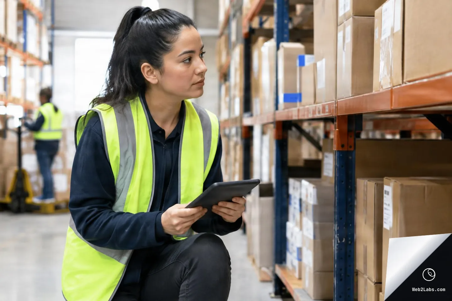 Worker in a high-visibility vest kneels in a warehouse aisle holding a tablet and inspecting cardboard boxes on storage racks, with another worker blurred in the background.