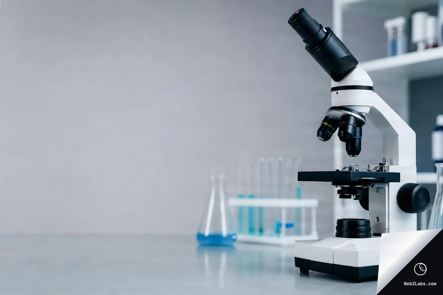 White laboratory microscope on a bench at the right side of the frame with blurred test tubes and flasks containing blue liquid in the background and empty copy space on the left.