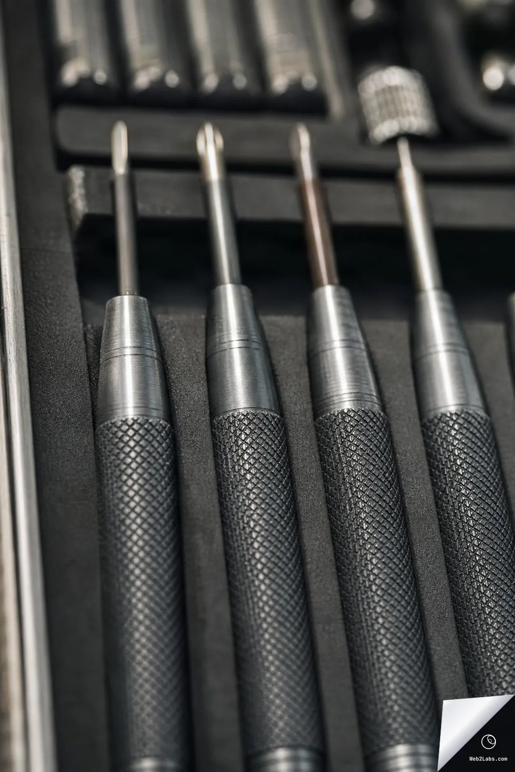 Close-up of several metal precision punches with knurled handles arranged in a foam tool case, shot vertically with shallow depth of field.