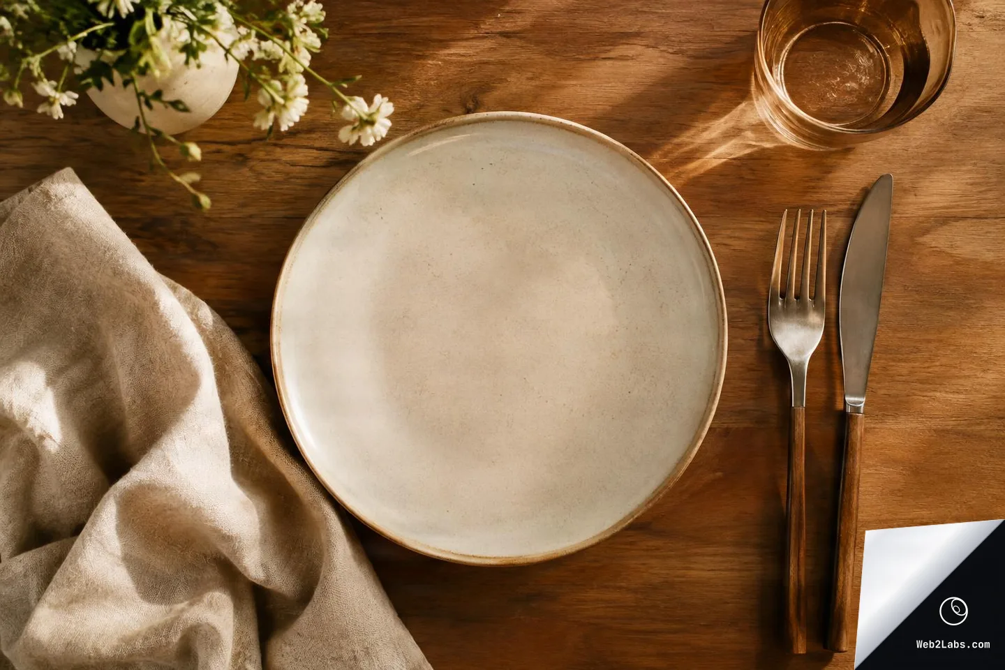 Top-down view of an empty ceramic plate on a warm wooden table with a beige linen napkin, fork and knife with wooden handles, a glass of amber drink, and small white flowers in the corner.