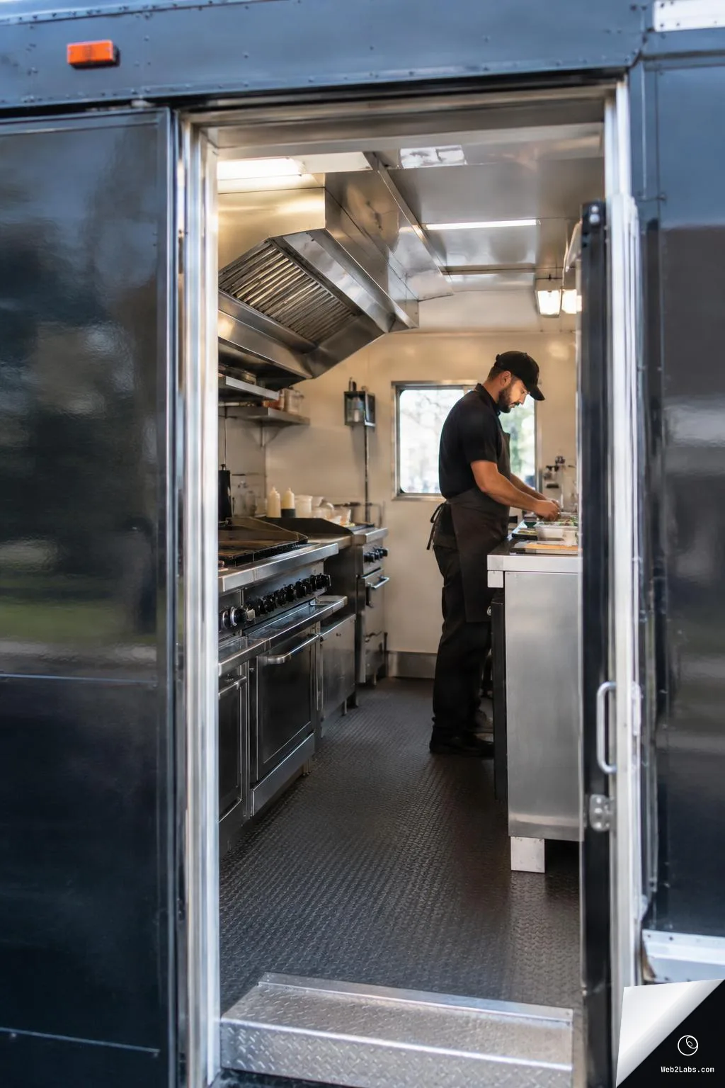 View through an open food truck doorway into a stainless steel kitchen where a cook in black prep clothes is preparing food at a counter, with grills and ventilation hoods along the left wall.