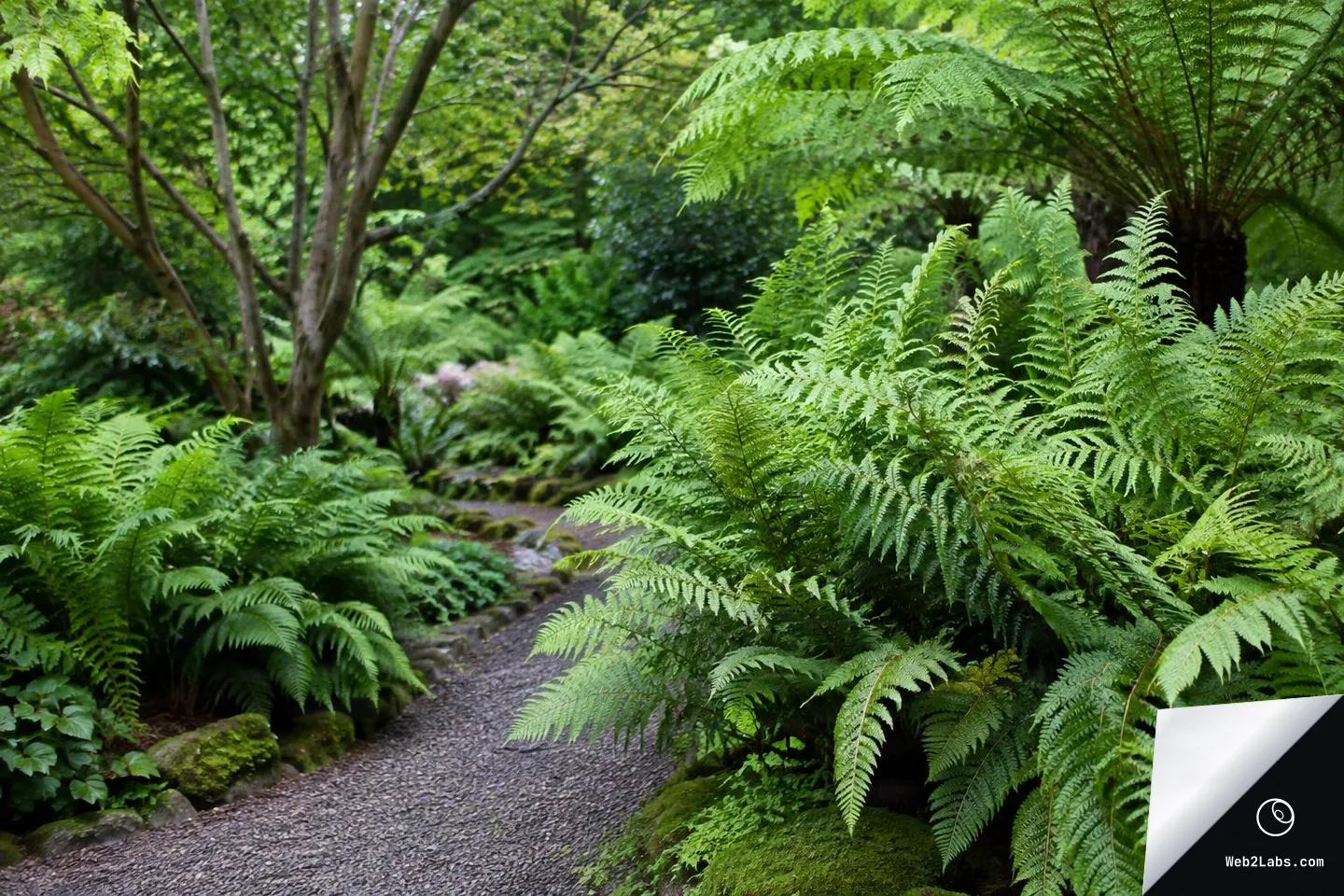 A gravel garden path curves through dense green ferns and moss under leafy trees in soft, diffuse daylight.