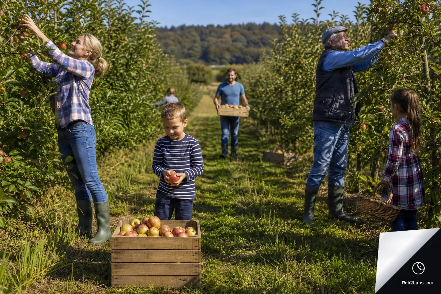 Wide shot of a family harvesting apples in an orchard: a woman and an older man pick apples from trees while children stand nearby, and a man carries a wooden crate of apples down the row on a sunny day.
