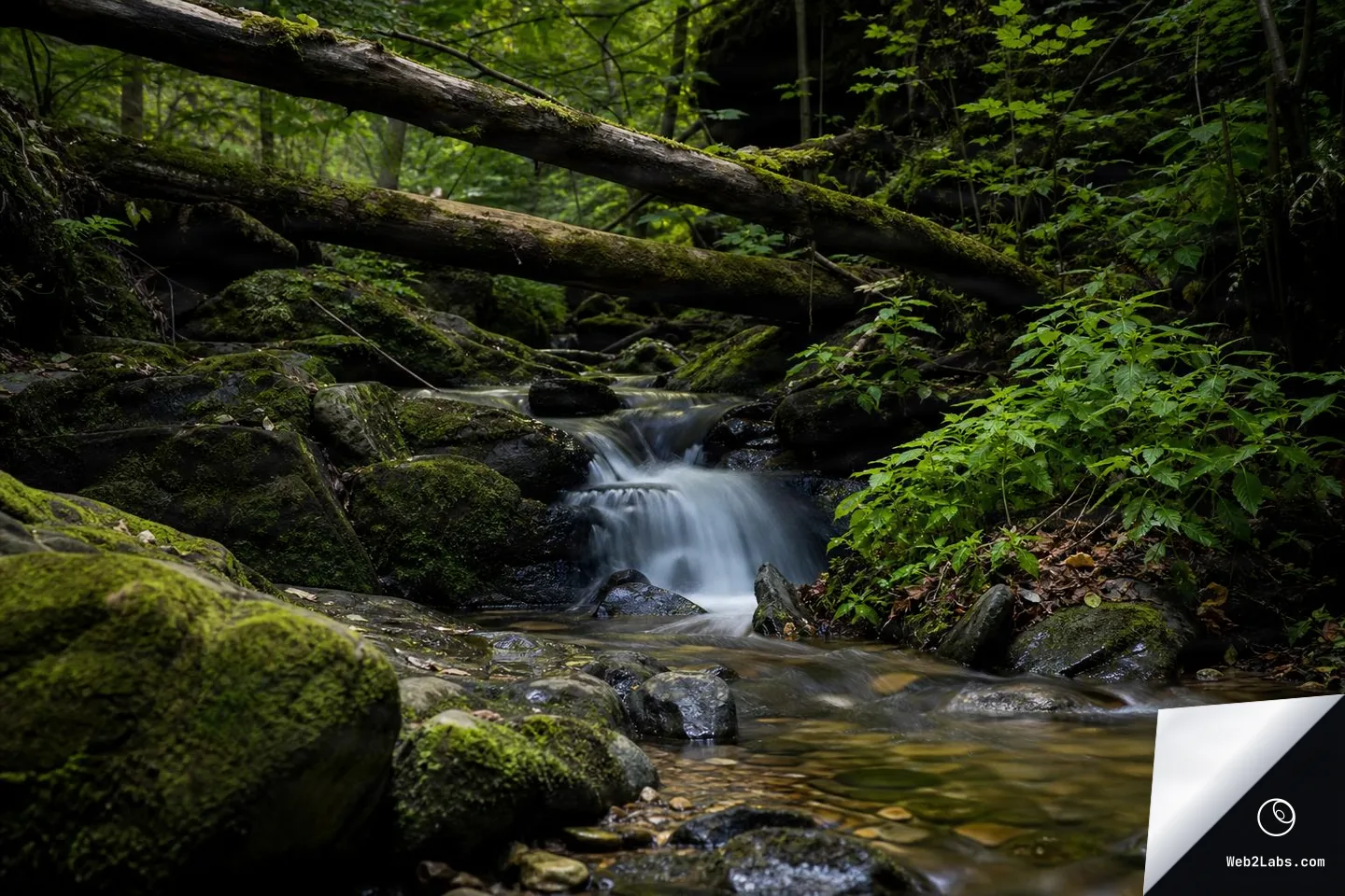 A small waterfall in a shaded forest stream flowing over mossy rocks, with fallen logs crossing above and green plants along the banks.