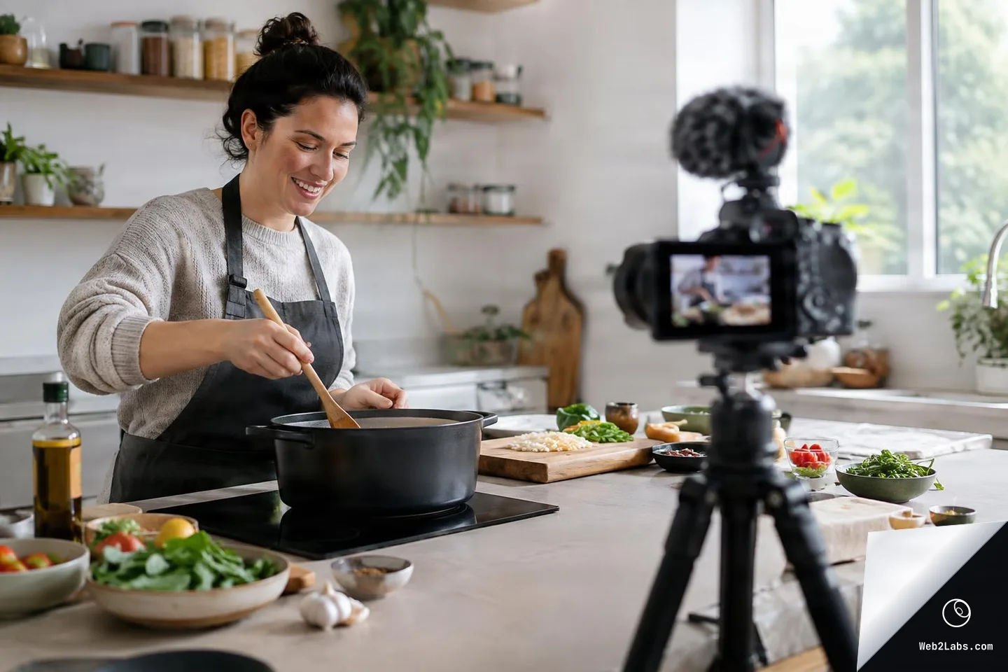 Woman in an apron stirring a large pot on an induction cooktop while a camera on a tripod with a microphone records her in a bright home kitchen with ingredients on the counter.