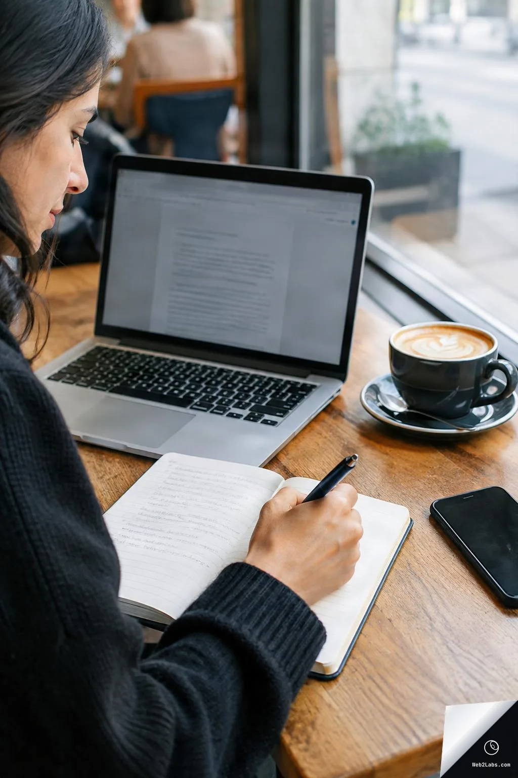 Person writing in a notebook at a wooden cafe table with an open laptop, a cup of latte, and a smartphone near a window.