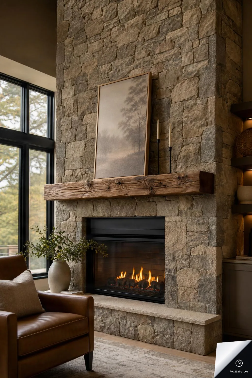 Tall vertical view of a stone fireplace with a wood mantel, framed landscape art, two taper candles, and a lit gas fire, with a large black-framed window and part of a leather chair in the foreground.