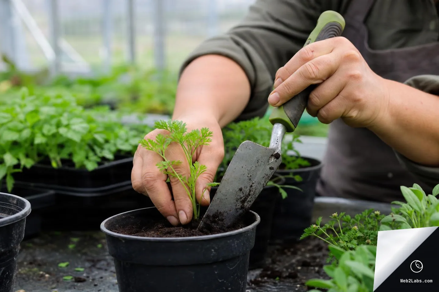 Close view of a person's hands placing a small seedling into soil in a plastic pot while holding a garden trowel, with greenhouse plants blurred in the background.
