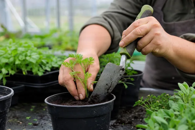 Hands Transplanting Seedling in Greenhouse