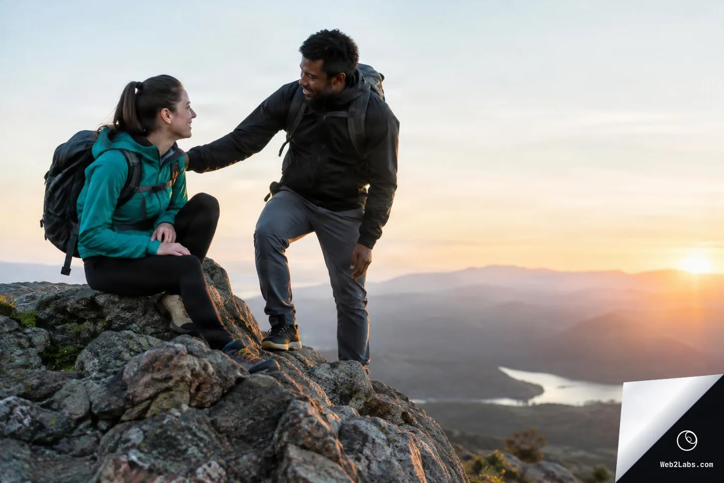 Two hikers on a rocky mountain peak at sunset, one standing and reaching out to encourage the other who is seated, with a valley and lake in the background.