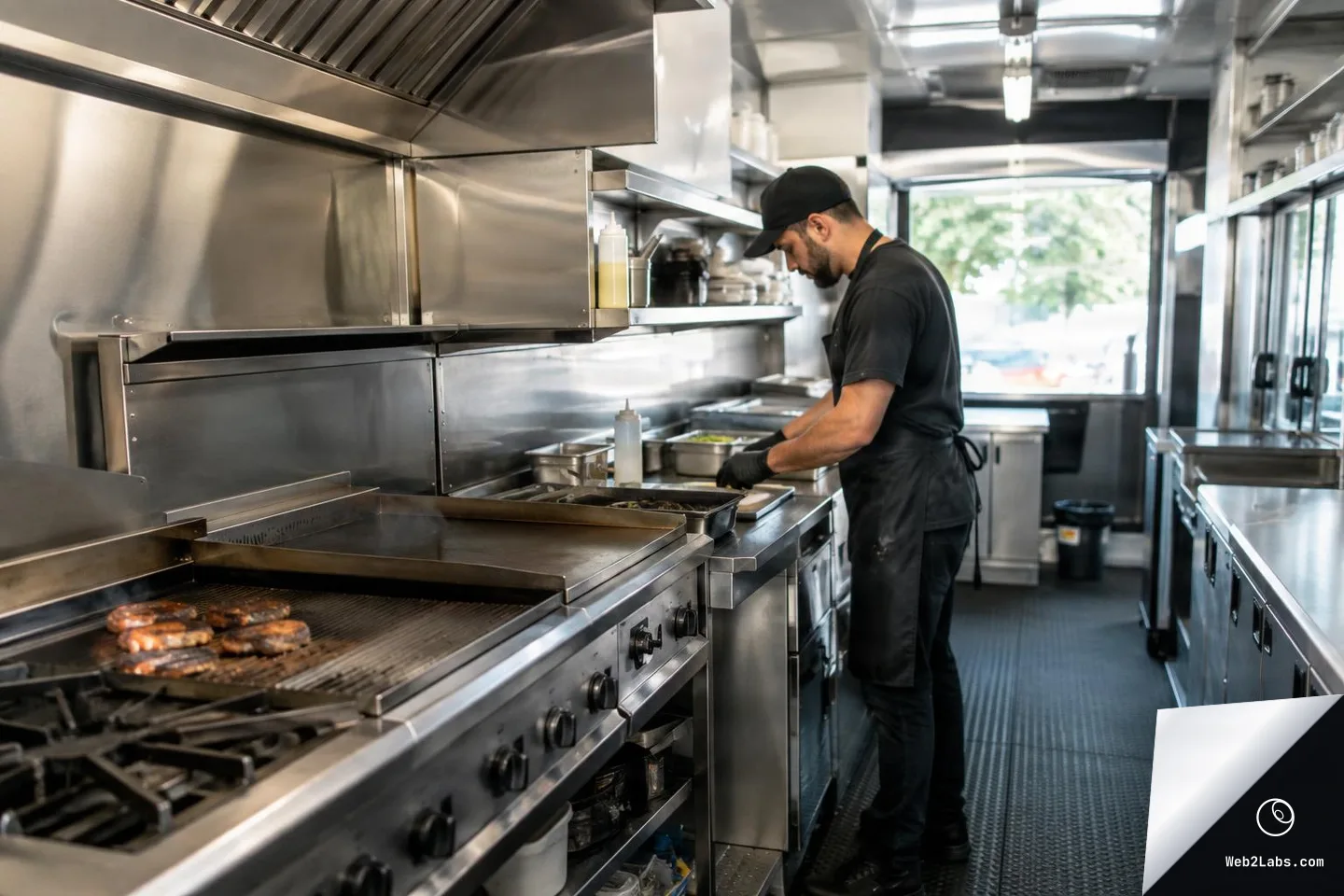 Cook in black uniform preparing food on a stainless-steel counter inside a food truck kitchen, with a grill and cooking equipment in the foreground.