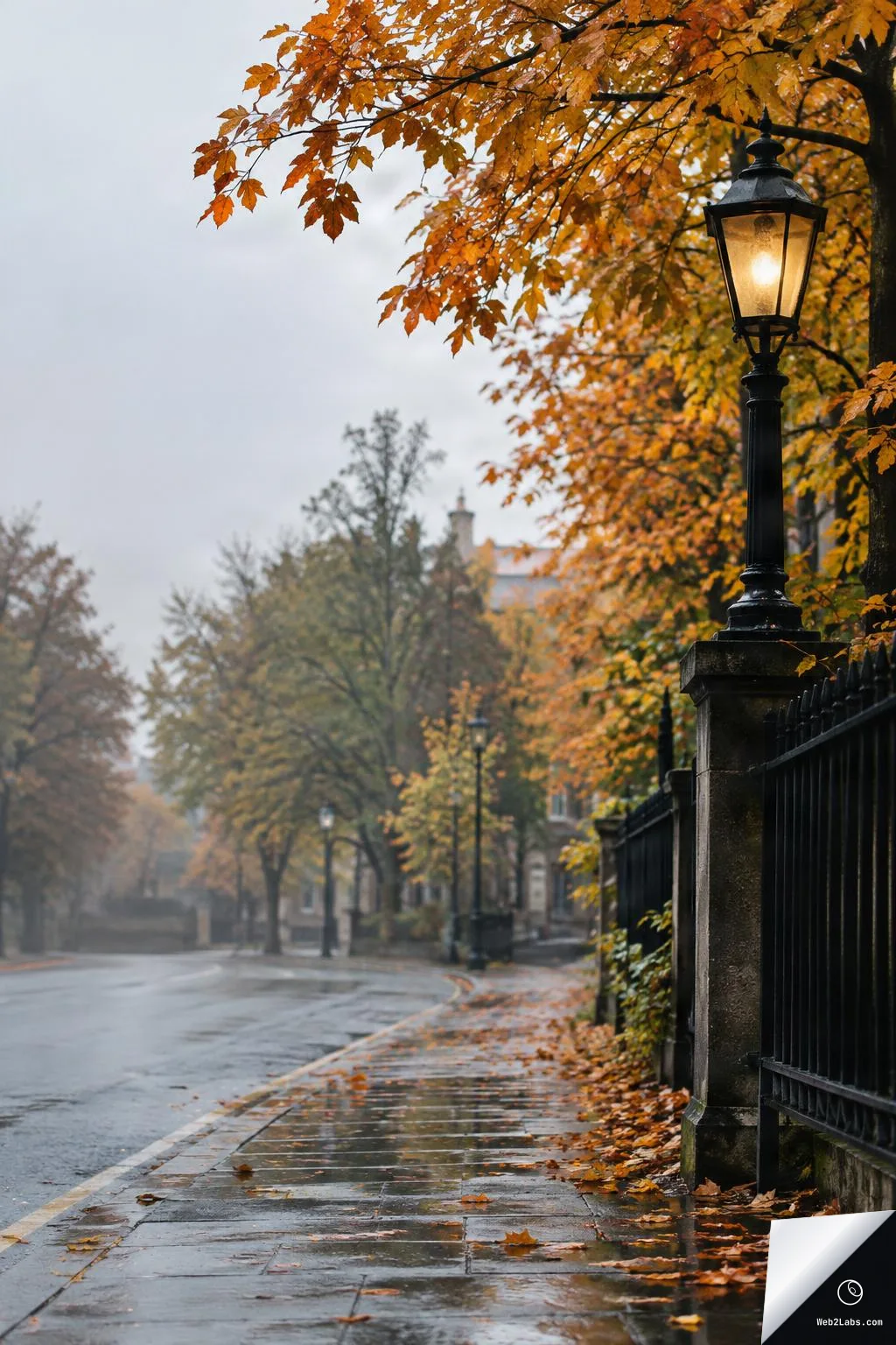 Vertical photo of a rainy street with wet sidewalk and scattered fallen leaves, a glowing black street lamp beside a fence on the right, and orange autumn tree branches overhead with misty buildings in the distance.