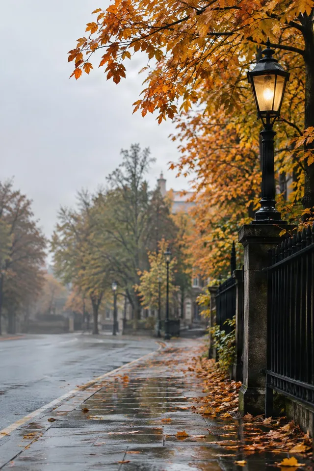 Rainy Autumn Street Lamp