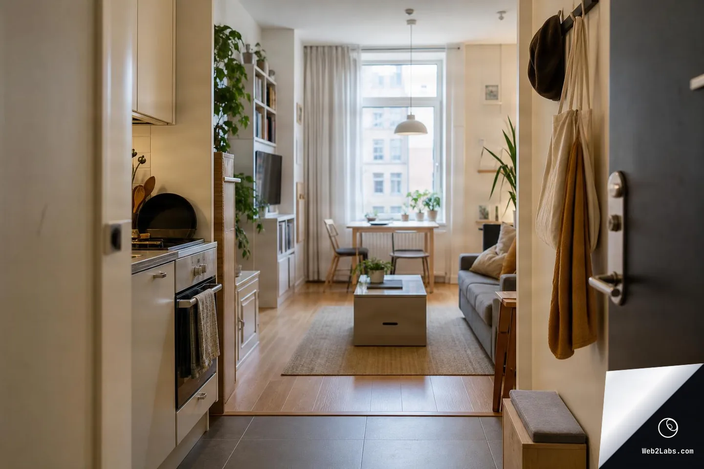 View from an apartment entryway into a small open-plan space with a kitchenette on the left, a sofa and coffee table on the right, and a dining table by a large window at the back; coats and tote bags hang on hooks near the door.