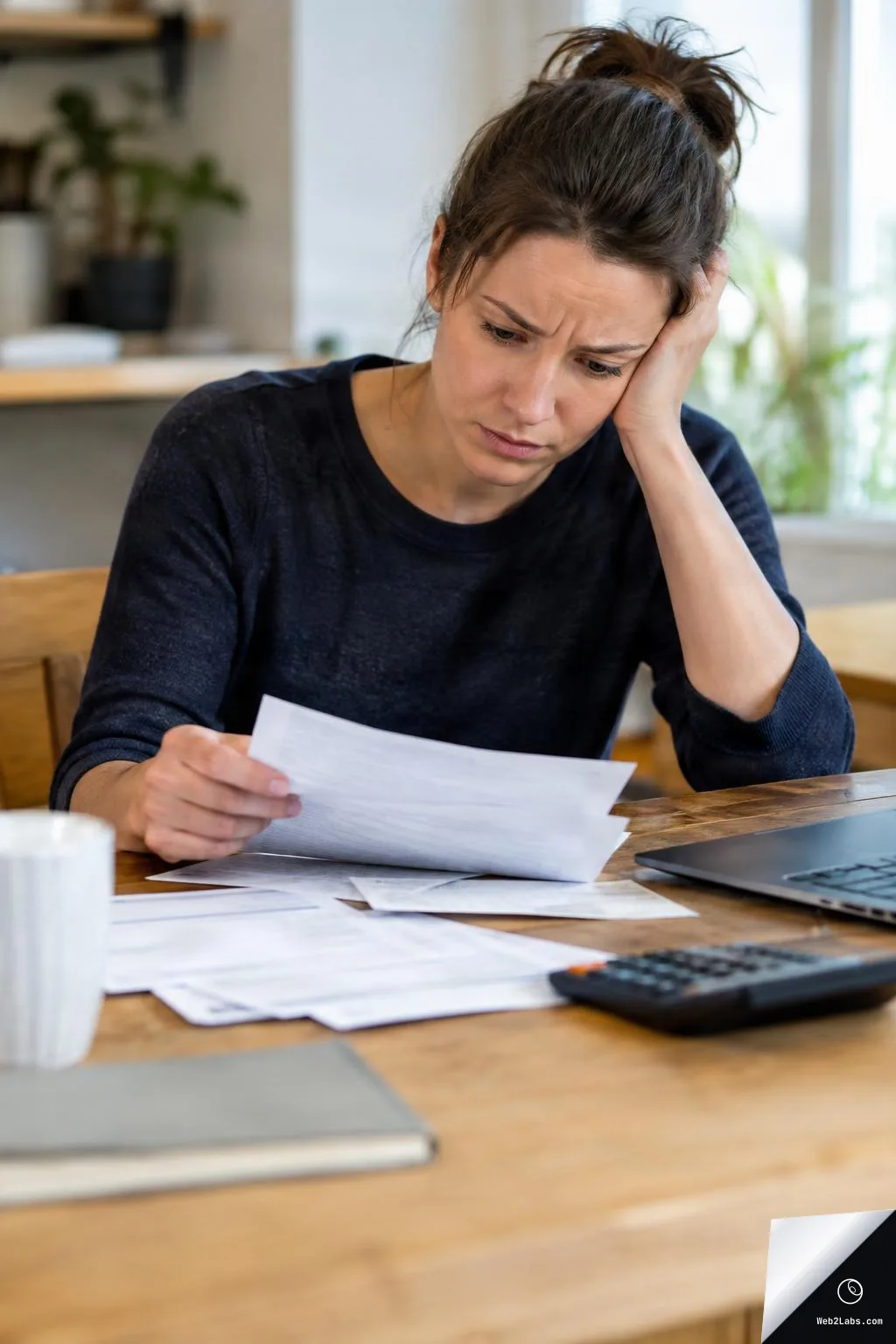 Woman with a concerned expression holds a sheet of paper while sitting at a wooden table with scattered bills, a calculator, and a laptop in a home kitchen.
