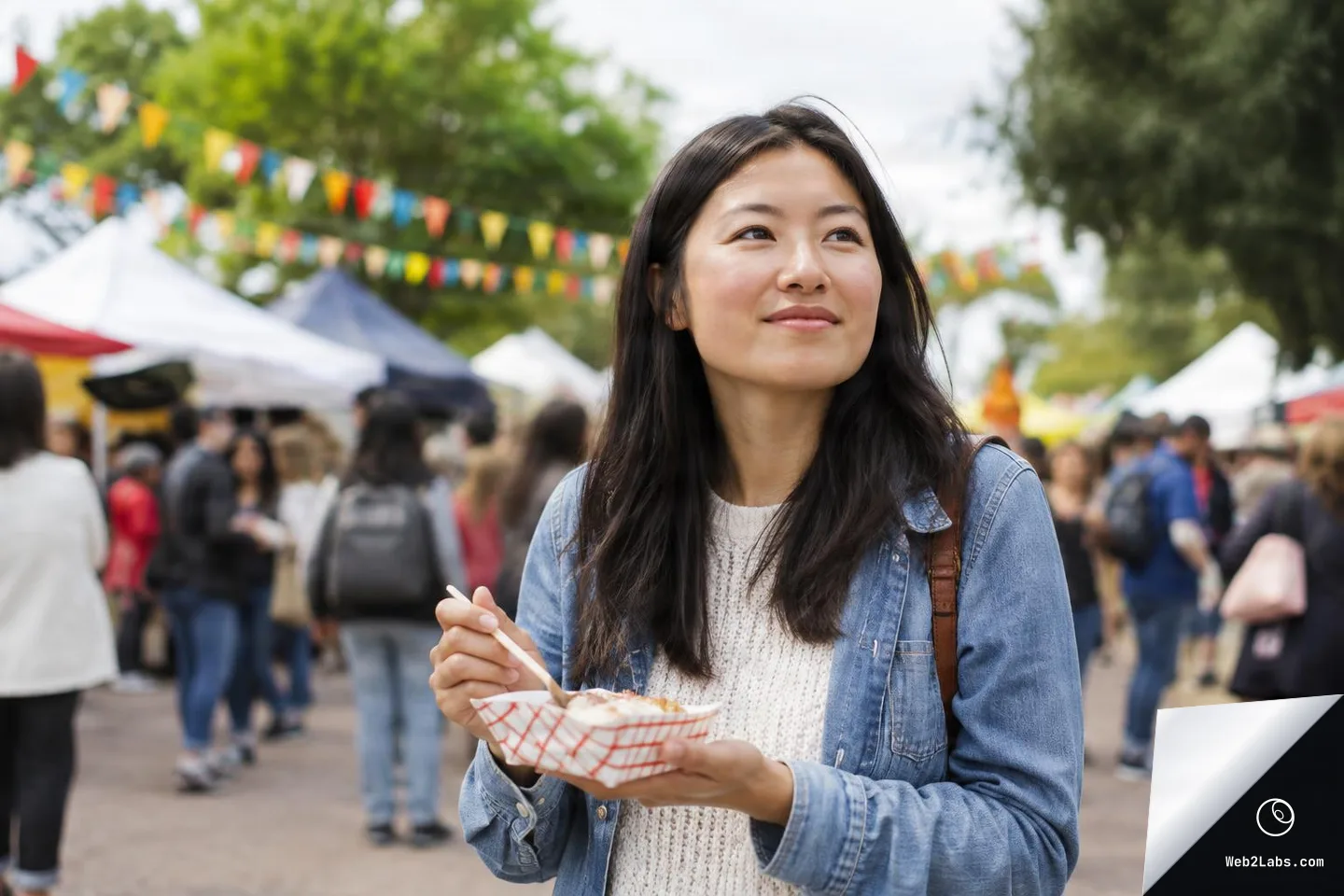 Smiling woman in a denim jacket holds a paper food tray and fork at an outdoor street festival with tents, bunting flags, and a crowd in the background.
