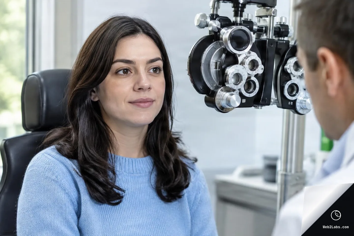 Woman seated in an optometrist chair facing a phoropter machine while an eye doctor sits in the foreground during a vision exam.