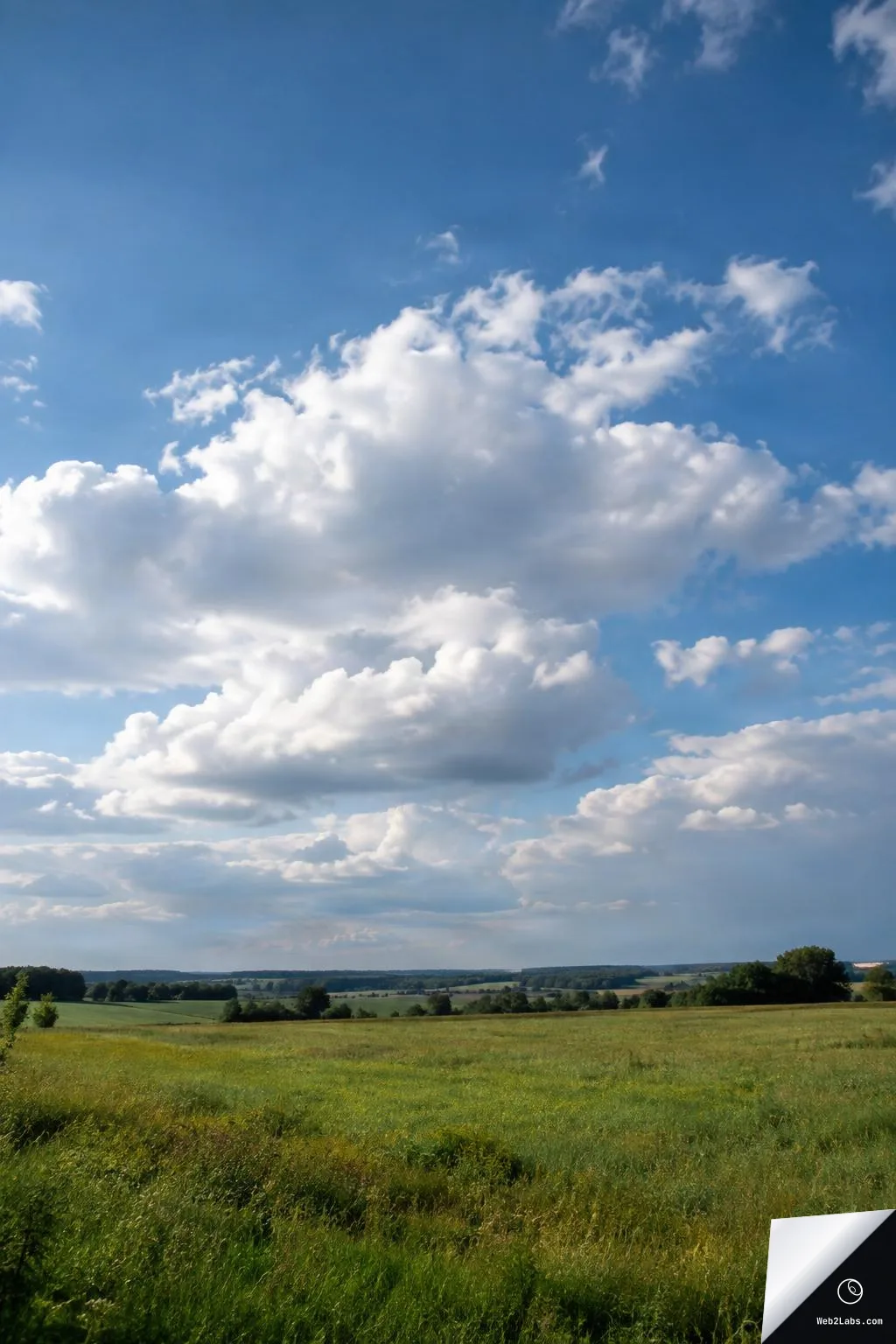 A wide green meadow with a distant tree-lined horizon under a bright blue sky filled with large white cumulus clouds.