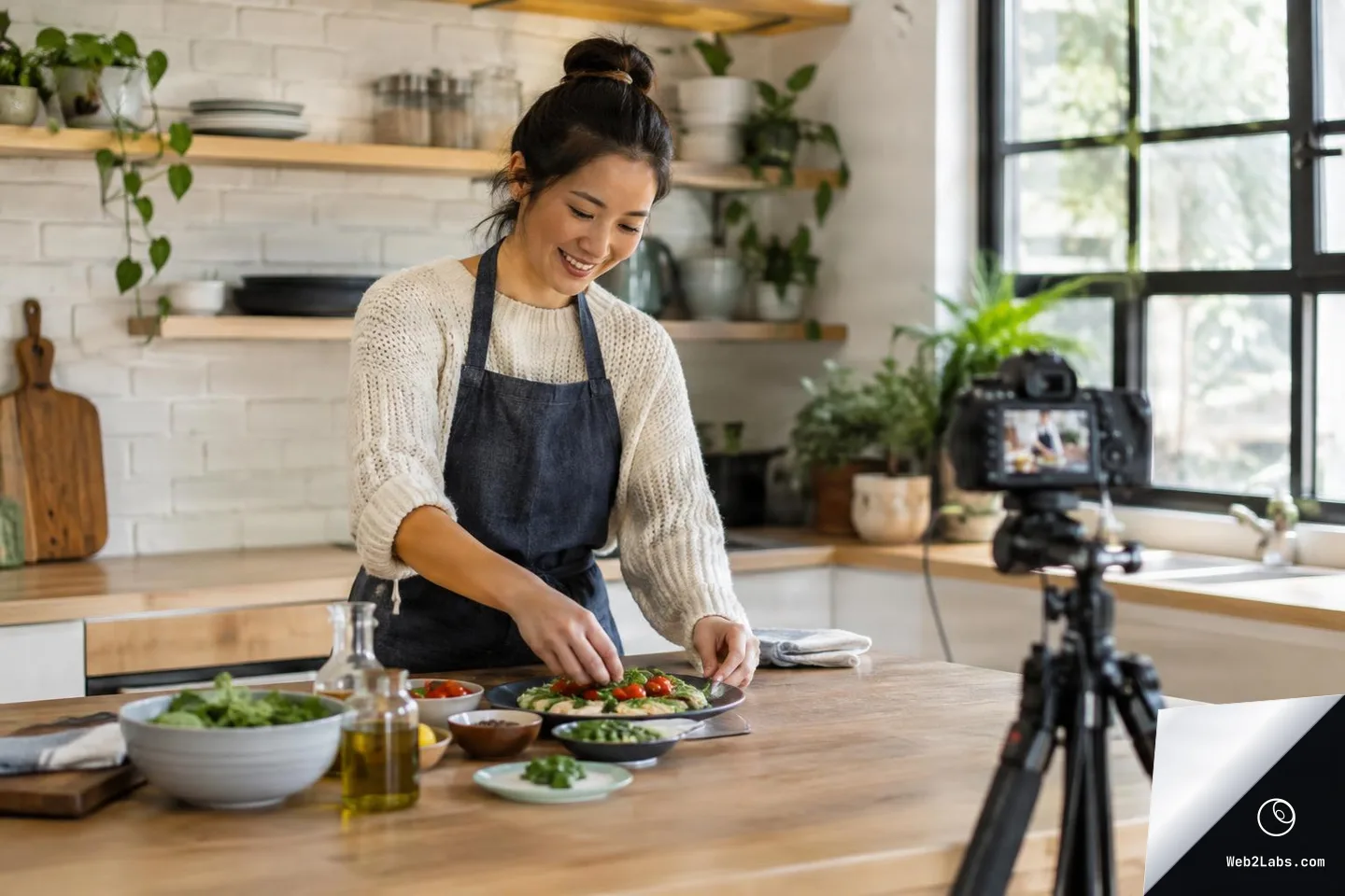 Woman in an apron plating food on a kitchen island while a DSLR camera on a tripod films her, with bowls of ingredients and herbs on the counter in a bright home kitchen.