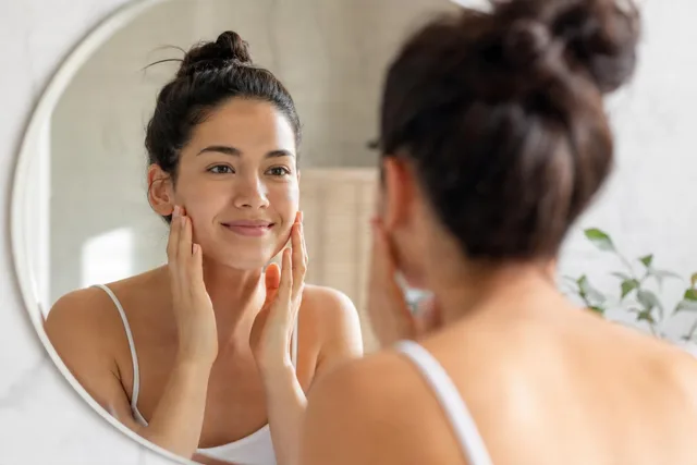 Woman Checking Skin in Mirror