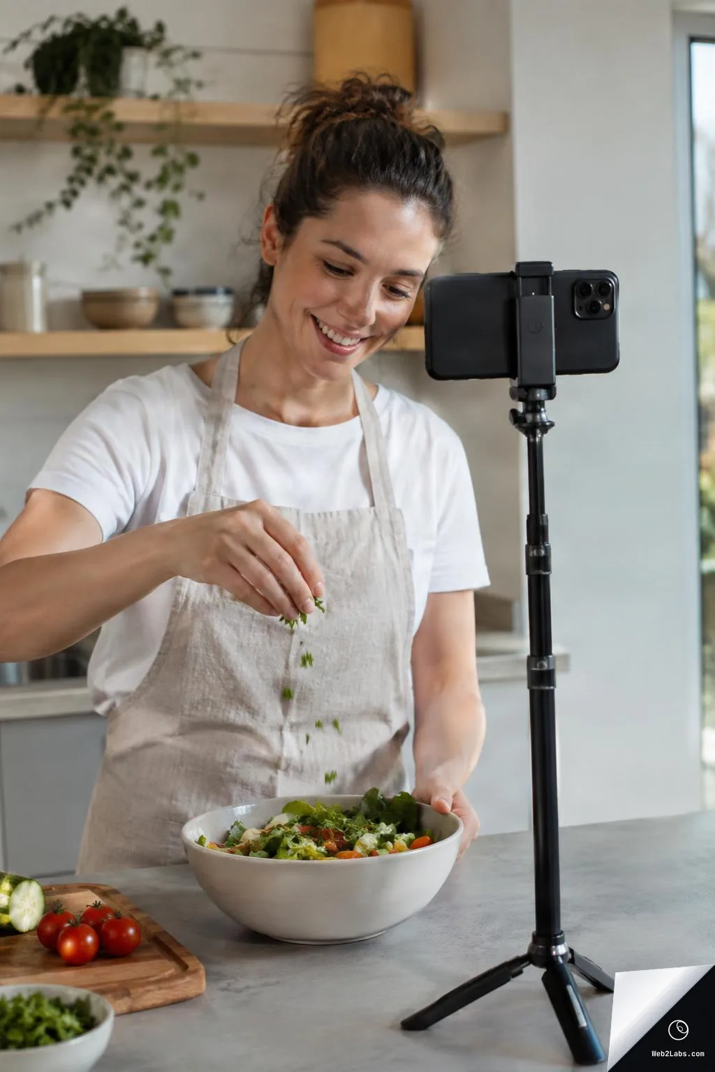 Woman in an apron sprinkles herbs into a salad bowl on a kitchen counter while a smartphone on a tripod records her from the side.