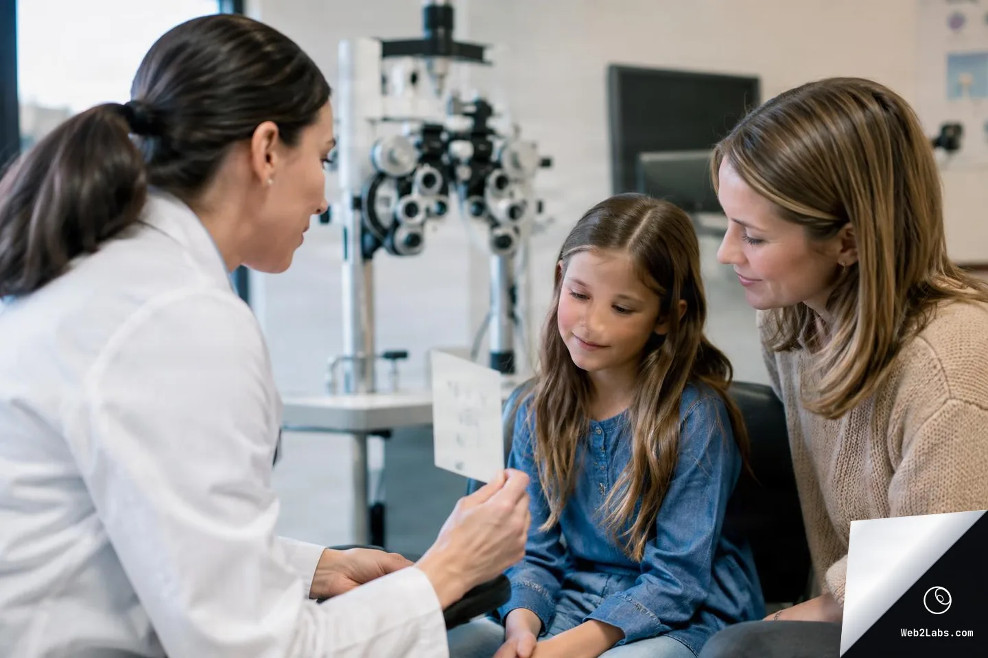 An optometrist in a white coat talks with a young girl and her mother in an eye exam room while holding up a small vision test card; optometry equipment is visible behind them.